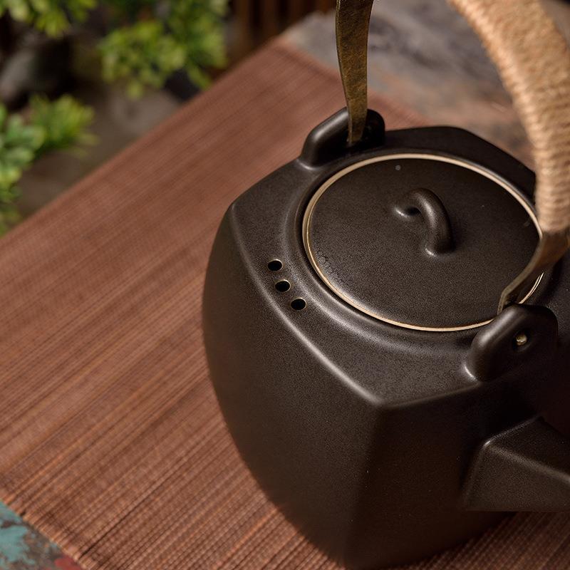 原矿紫砂乌釉大容量手提梁壶围炉55203煮壶家用耐热烧水工陶壶可