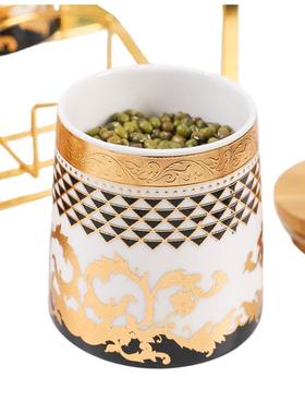 热销新款调盒TGL套装调密味罐带架轻奢陶瓷封罐房收纳储料物罐竹