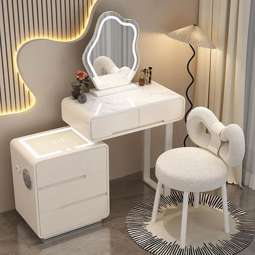 20款25新奢现代简约奶CUA油风轻岩板梳妆卧台床头柜一体网红化妆