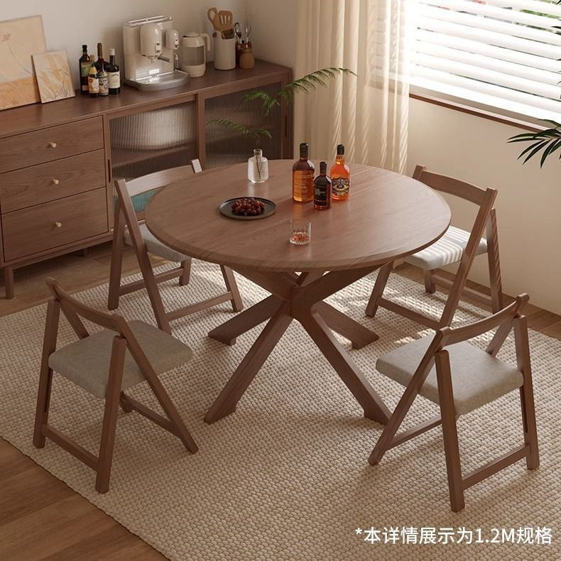 法式中古风实木折叠餐桌圆形饭桌小户型圆桌复古轻奢简约吃饭桌子