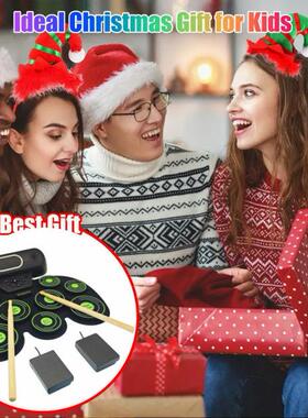 电鼓绿色音条ADF纹手卷鼓子带锂电便携式架子鼓儿童练习鼓电响子