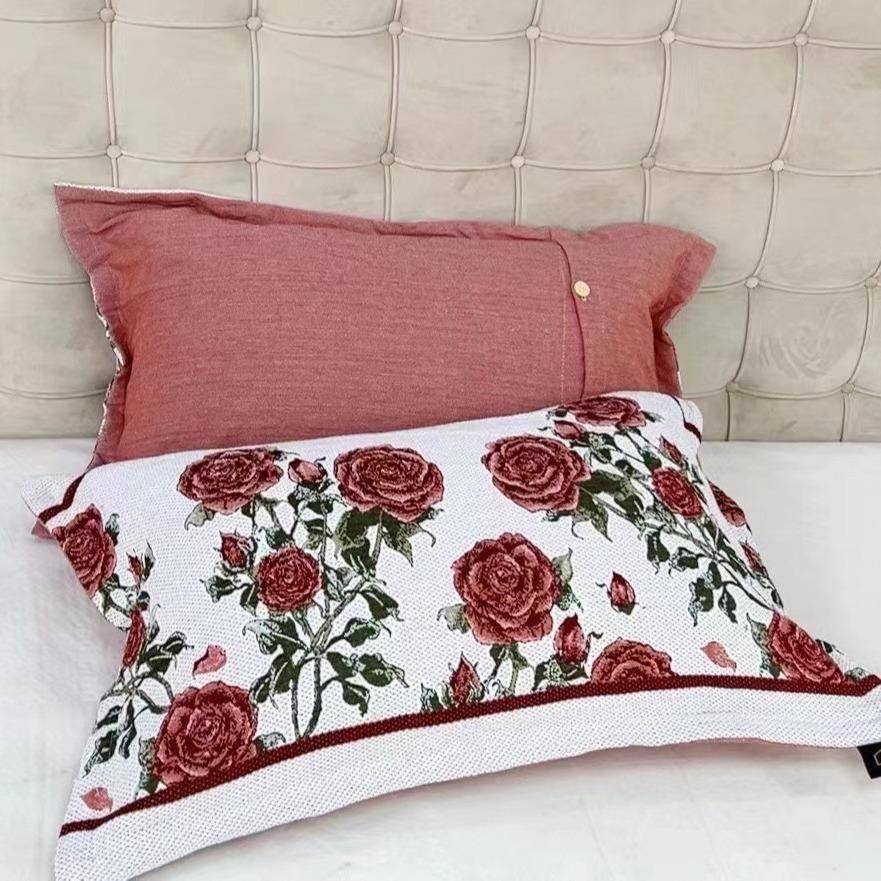 玫瑰花八卉纯棉四季亲肤吸层汗一体编275织枕套