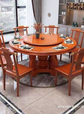 中式10人实木大餐圆桌带新转盘可旋转1级橡胶木餐桌桌列任95705性