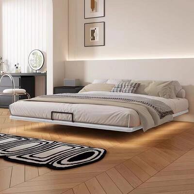 全式实木加齐边白TIX蜡木悬浮床应灯悬空床架现感代简约意风格厚