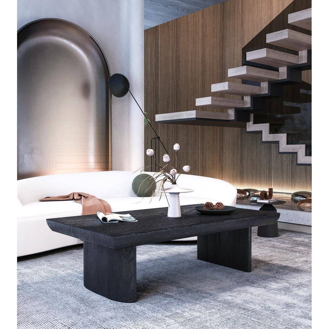 宅寂风碳黑化茶几实木大板板式矮色桌现代客厅民炭宿烧BMS-8641黑