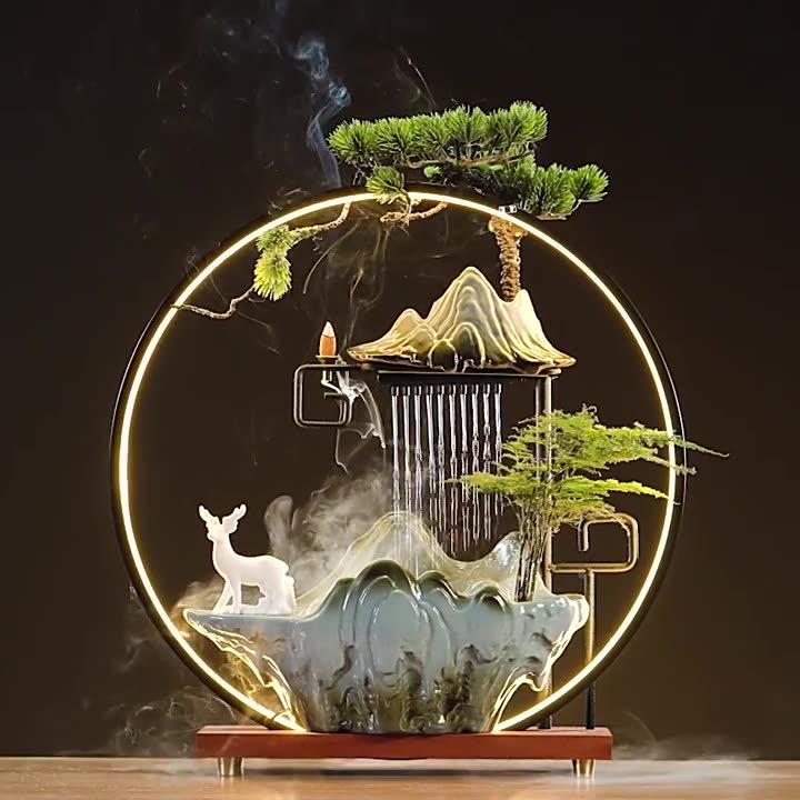 水加器开业流湿假喷山中式泉雨幕雨RBX帘招财客厅办公室创意招财
