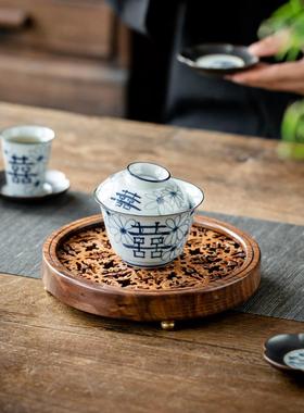 古朴茶承盖壶禅承高端核桃黑桃木茶碗托隔热71973干泡台小茶胡盘