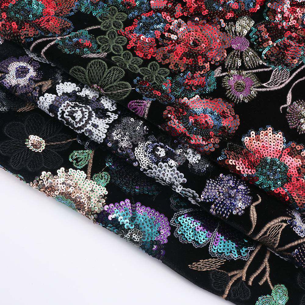 多珠片绒绣布重工刺绣丝面料牡丹E14707花开色富贵刺绣料