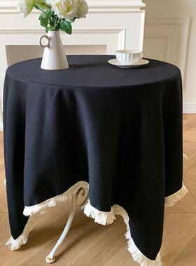 黑色桌布高级感棉麻桌长方桌流苏台几风布茶in圆s坪瑟rnMZ拍照