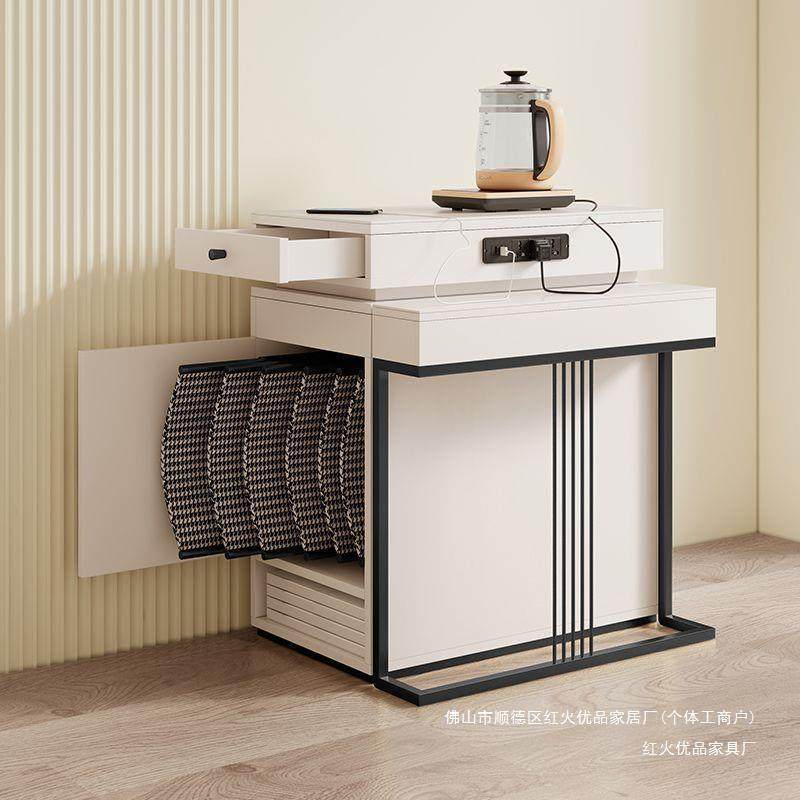 意式极简小户型家用实木多功能岩板可伸缩折叠中导倒岛台餐桌一体