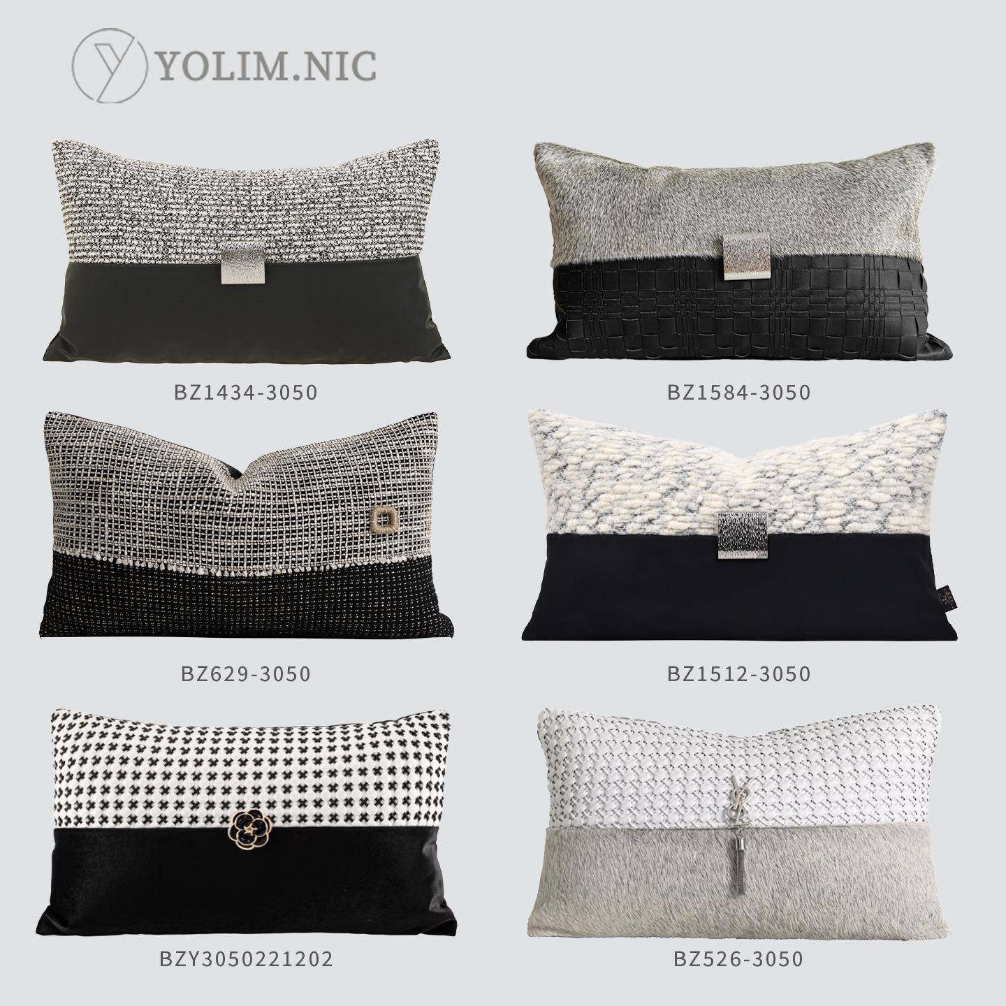 轻奢高级感抱枕客厅靠枕黑色肌理拼接PU皮装饰样板间腰枕床上靠垫