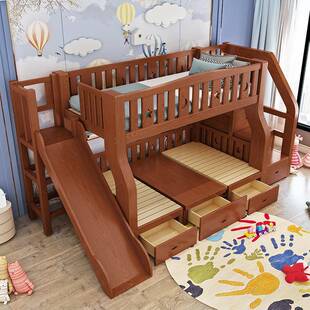 包安装实木子母床上下床儿童床滑梯床高低床上床下桌带滑梯两层床