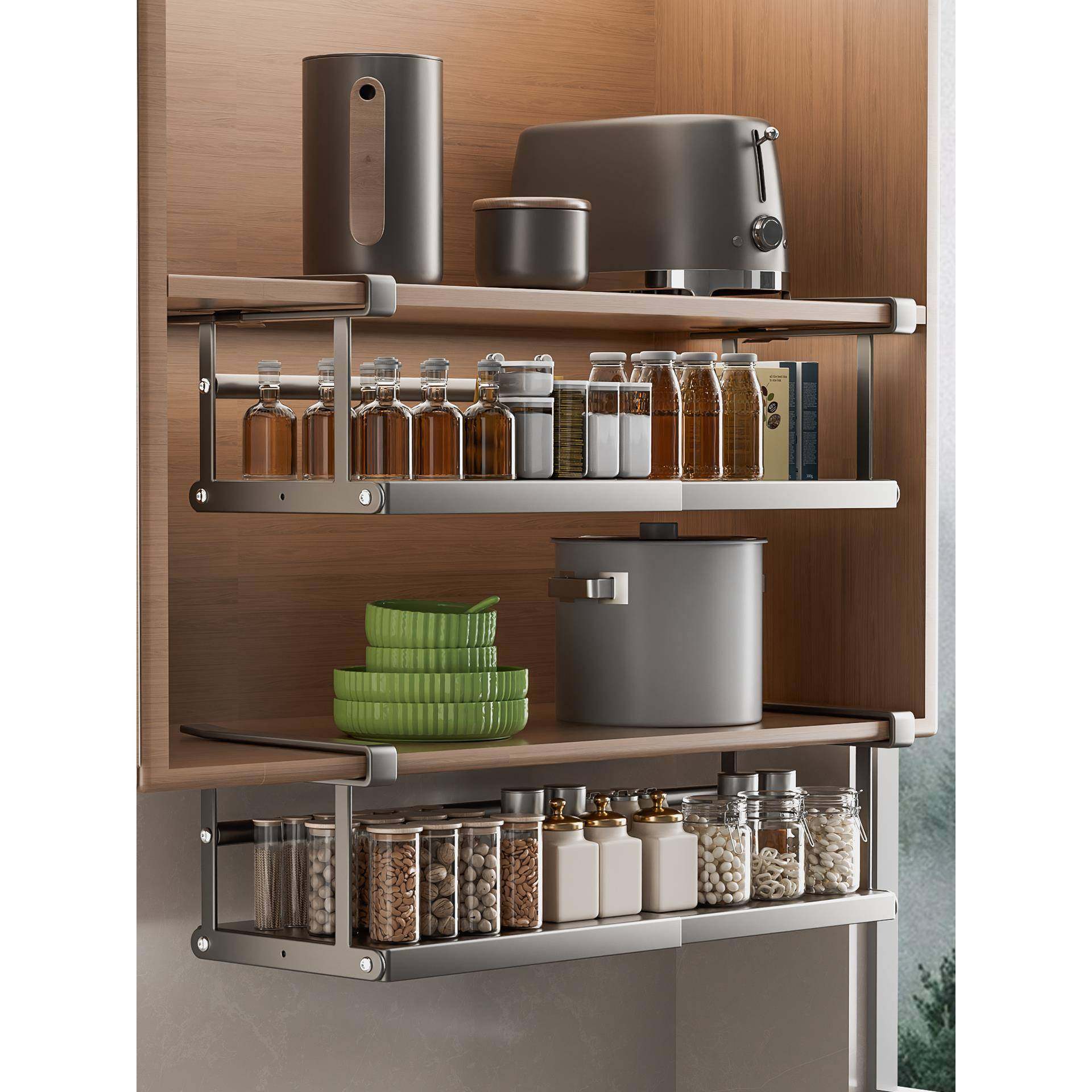 厨房置架可伸?Fh(x}h(x缩悬挂物分层调料挂篮橱内吊柜下收纳下柜,厨房/烹饪用具,抹布架/厨房清洁收纳架,淘宝优惠券,粉丝福利购,淘宝优惠卷