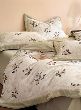 类简加厚复古印花慕丝绒四件套A田约素雅保YANGQI暖被套园风双面