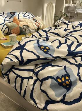 RI0T1蓝色美式写意田园风床上四件套棉文艺.5mF7667MJH米被套床欧