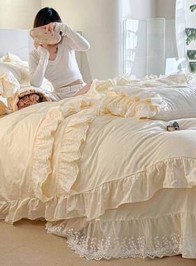 法式轻款奢100棉白色四套公主风荷叶被边套蕾丝FS757588件仙女床