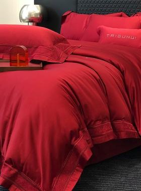 高端1长40棉支A类绒四件TGH--140套全纯棉被套床单轻奢大红色棉新