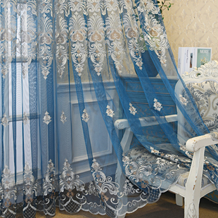 欧式蓝色绣花窗帘纱阳台卧室隔断定制客厅纱帘别墅大气成品飘窗纱