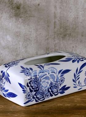 青白UFF花样瓷中复古纸巾盒新古典创意抽纸盒会所瓷板房装饰摆式