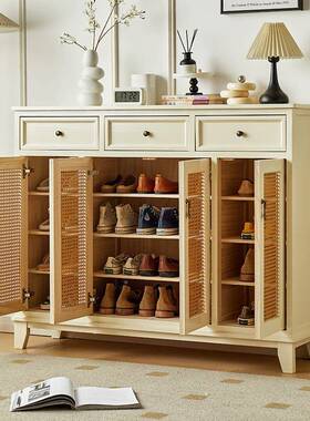 美式实木藤鞋柜入小户型户置物鞋架门口收XCL柜客纳厅编靠墙玄关