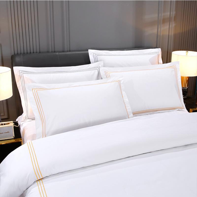 级酒店60支白色绣全棉贡套缎被床单边四件套ABX酒店民宿布星草