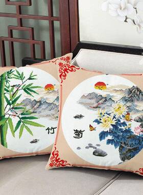 5Y1梅兰菊十字绣抱枕202室3新款竹线绣自A己绣风客厅卧F76TT7SS刺
