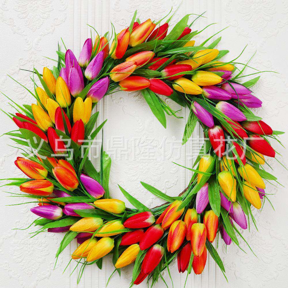 021春款仿真郁金香挂花环家居装摆饰花圈门圣诞2CM27节日件藤圈壁