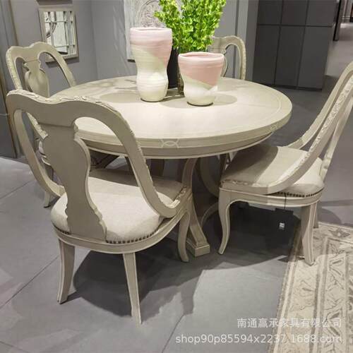 美式art餐桌夏图餐厅家具组合法式轻奢雕花拉伸调节实木圆形饭桌