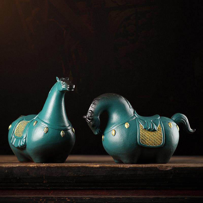 创意陶瓷唐马摆件中式家居玄关办公桌装饰招财绿马客厅书房摆设品