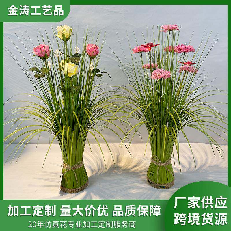 带LED灯玫瑰花草柱仿真植物盆景北欧装饰盆栽室内落地创意绿植