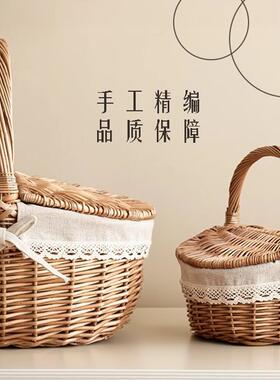 春游收篮田园is风ZFO柳编n编织手提盖收纳篮户外带纳保温网红野餐