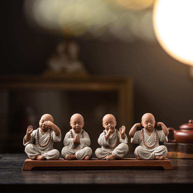 中茶式禅意四不小和尚摆件陶瓷物古架台YRW博桌面装饰品人茶宠小
