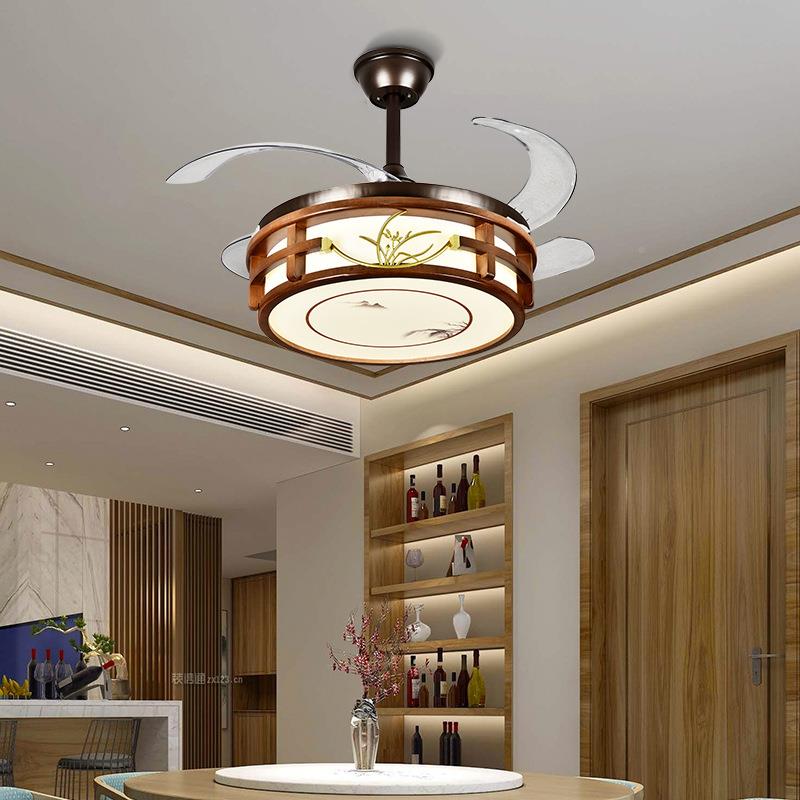 胡桃木隐形风扇扇灯691餐厅客新中式咖色吊厅灯复古实木带风扇的