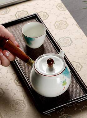 手绘粉青侧把壶壶防烫木把茶小壶功夫茶具泡茶壶陶81065釉瓷单只