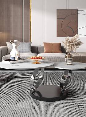 新款轻岩板茶几意旋式极奢简大小户型缩多功能轻伸奢风86327转圆