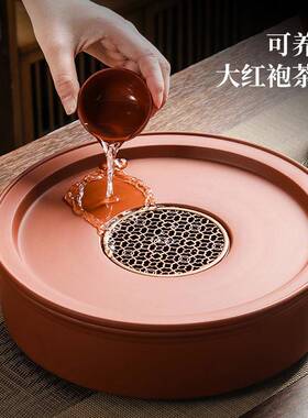 州朱泥大红袍茶盘刀圆古钱形紫砂功夫茶潮盘陶瓷茶tb-70784台储水
