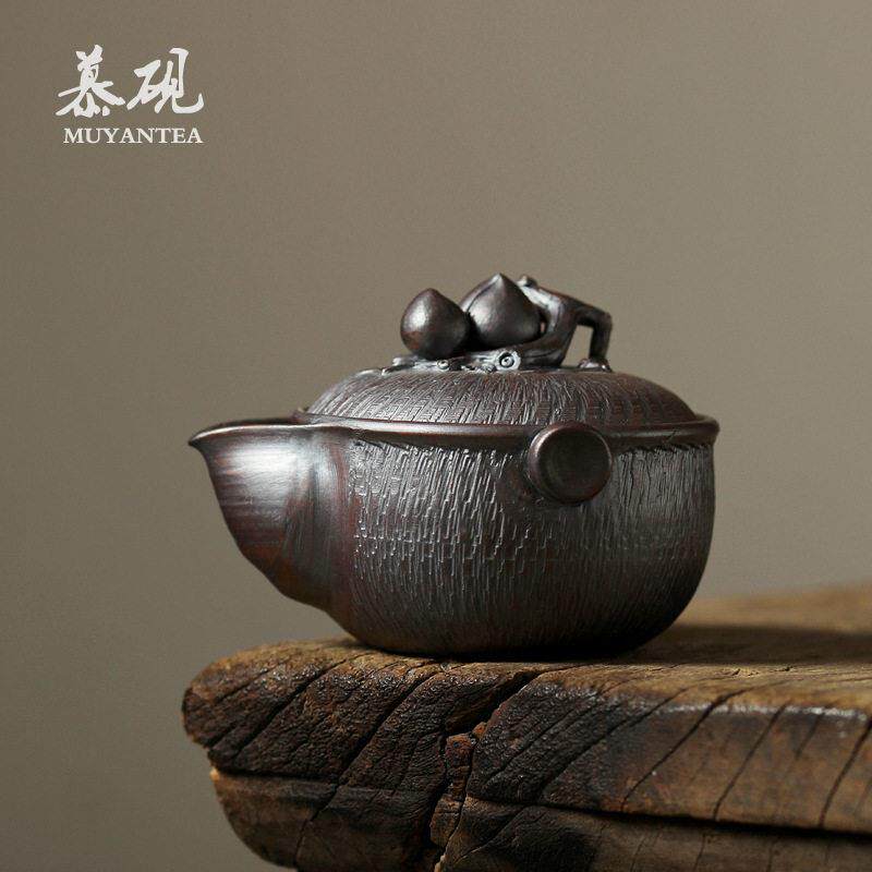 慕陶柴烧主泡茶器手抓壶日式备前烧寿桃跳刀茶具盖杯碗