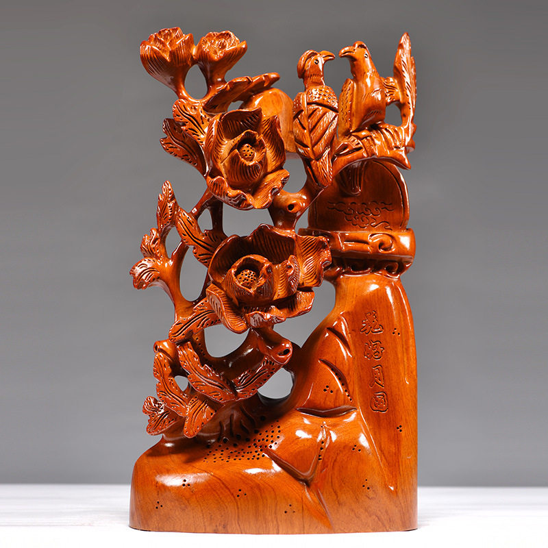 花梨木雕花好月圆摆件实木雕刻花鸟工艺品家居客厅装饰工艺品摆设