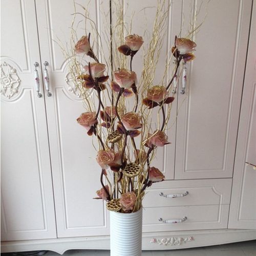 叶脉干花仿真花落地假花客厅玄关隔断装饰花套装 金曲柳玫瑰组合