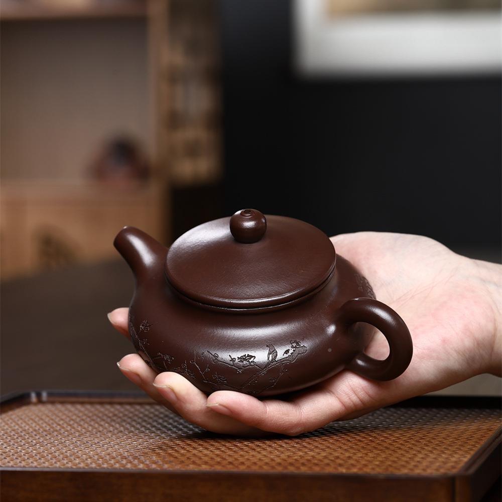 宜兴原刻矿红紫壶寒梅虚砂扁泡茶壶全石手工绘家紫砂壶用茶壶茶具
