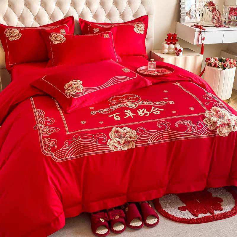 中式刺百子红图绣婚庆四件套大结婚被套床单床新婚喜被F78S67SJ床
