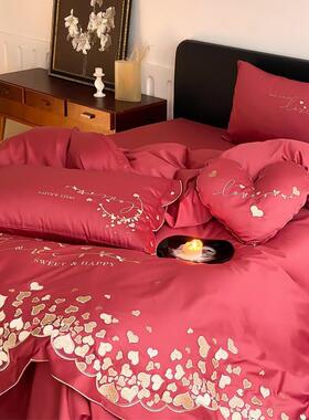 结床婚1红色婚庆四件套纯棉00S绒棉浪漫心形刺绣被套OOU上用品长1