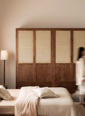 新中式实NIB木衣家大用卧室衣橱柜子黑胡桃简约柜一体储木物柜收