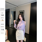 气质V领露肩衬衫 1XTWO 胭紫花语 上衣女蝴蝶结飘带宽松雪纺衬衣