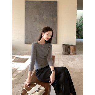 女气质修身 1XTWO 针织衫 莱赛尔圆领七分袖 内搭打底上衣 素柔简约