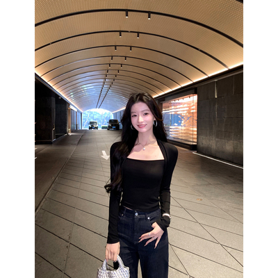 简风方领长袖T恤女辣妹修身上衣
