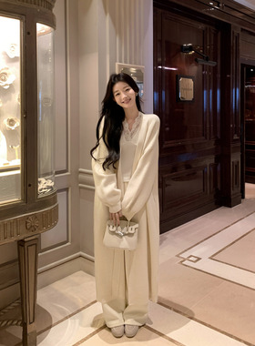 1XTWO绯色黄昏 慵懒松弛长款针织开衫女气质宽松白色毛衣外套