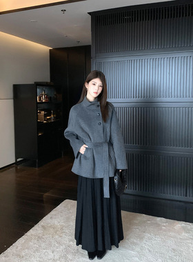 1XTWO 冬季告白 优雅羊毛立领双面呢大衣女高级气质短款毛呢外套