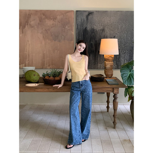 女气质显瘦休闲直筒长裤 高腰印花宽松阔腿牛仔裤 飒酷修型 1XTWO