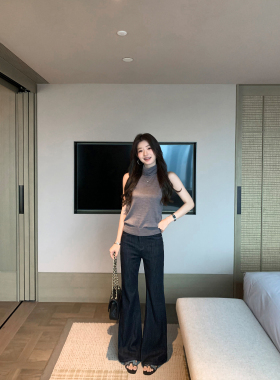 1XTWO 长腿复刻 藏蓝色微喇牛仔裤女高腰弹力宽松显瘦直筒长裤子